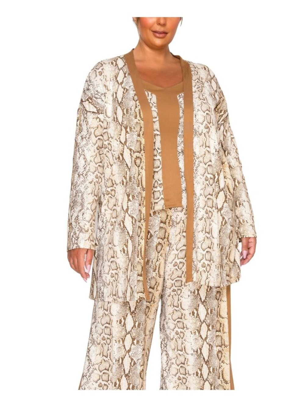 COIN 1804 Plus Size 1X Python Contrast Open front Cardigan Sweater Brown Beige